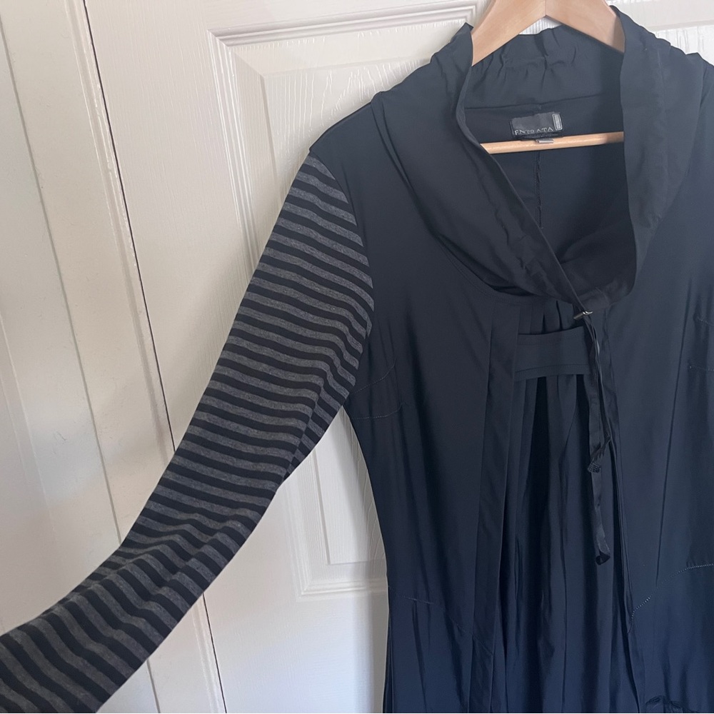Entrata Black Dress with Adjustable Cowl Neck and Striped Sleeves